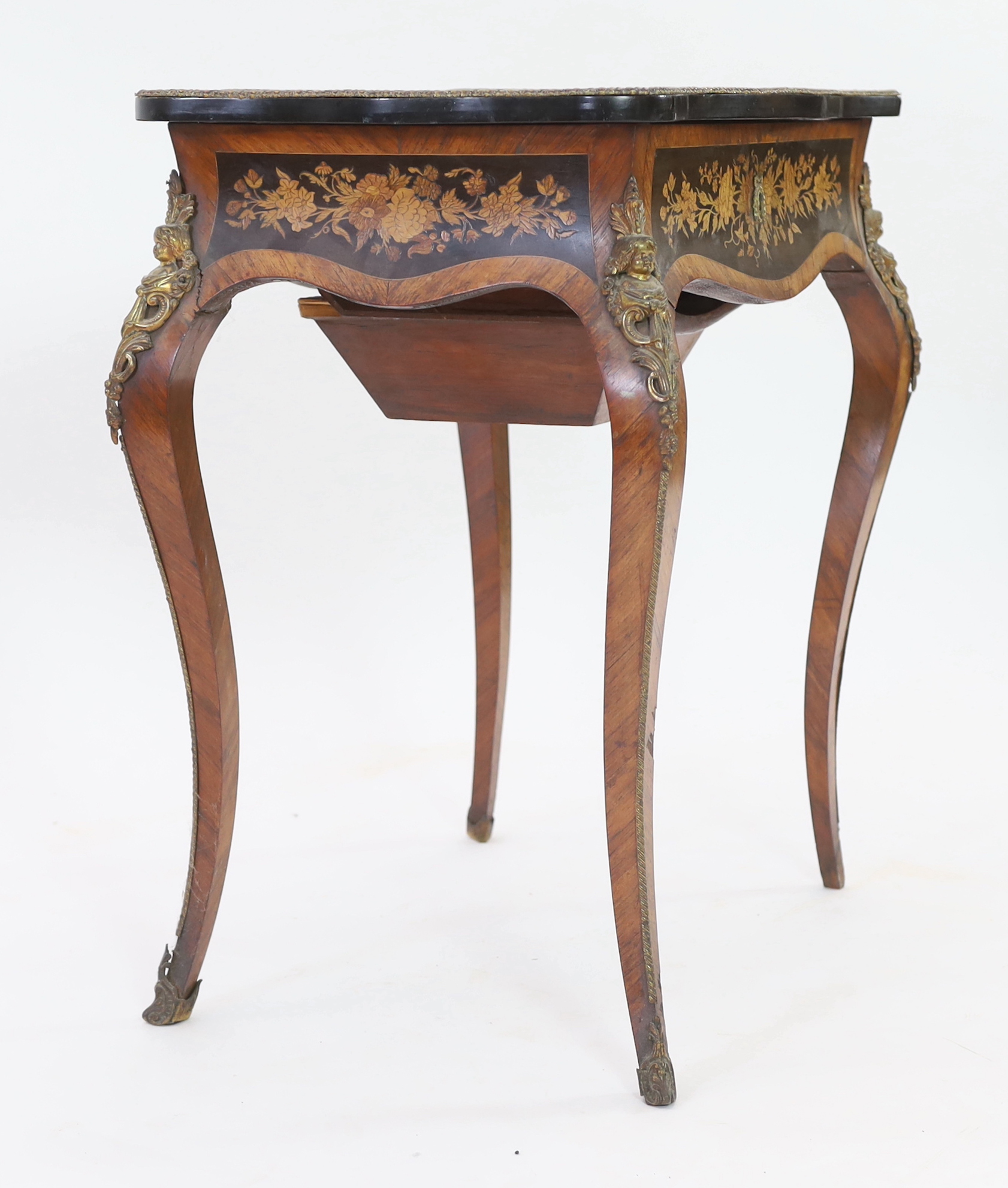 A 19th century French rosewood and marquetry poudreuse, width 63cm, depth 43cm, height 73cm